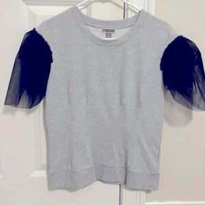 Chelsea 28 - Gray Short Sleeve Top with Black Sheer Puff Statement Sleeves - S